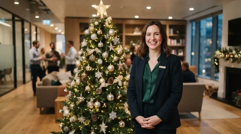 Heartfelt Corporate Holiday Wishes A warm and natural corporate holiday scene with a smiling professional employee standing beside a beautifully decorated Christmas tree in a modern office, subtle festive lights, elegant holiday decorations, cozy atmosphere, genuine happy expression, professional yet heartfelt mood, realistic photography, soft natural lighting, clean composition, no text, 16:9 aspect ratio. 2. πΌ Professional Corporate Holiday Wishes A professional business executive in a modern office holding a tasteful holiday greeting card, elegant Christmas decorations in the background, subtle festive lights, polished corporate environment, confident and friendly expression, realistic natural photography, sophisticated but warm atmosphere, no text, 16:9 aspect ratio. 3. π Funny Corporate Holiday Wishes A cheerful office worker laughing at their desk during the holiday season, Christmas decorations, small Christmas tree, coffee cup, festive office environment, relaxed coworkers blurred naturally in the background, playful and lighthearted corporate mood, realistic photography, natural lighting, no text, 16:9 aspect ratio. 5. π€ Corporate Holiday Wishes for Clients A professional businesswoman meeting a client in a modern office and exchanging a tasteful holiday gift, elegant Christmas decorations in the background, warm smiles, respectful business relationship, subtle festive atmosphere, realistic natural photography, soft lighting, sophisticated corporate setting, no text, 16:9 aspect ratio. 7. π± Corporate Holiday Wishes for Social Media A young professional employee taking a festive holiday photo with a smartphone inside a modern decorated office, Christmas tree and warm lights in the background, natural smile, contemporary workplace atmosphere, social-media-friendly composition, realistic photography, soft natural lighting, no visible text on phone, 16:9 aspect ratio. 9. π Thank You Corporate Holiday Messages A smiling business professional giving a small holiday thank-you gift to a coworker in a modern office, Christmas tree and tasteful decorations in the background, genuine appreciation and friendly interaction, warm festive atmosphere, realistic candid photography, natural lighting, no 11. π― Trending Corporate Holiday Wishes This Year Heartfelt Corporate Holiday Wishes